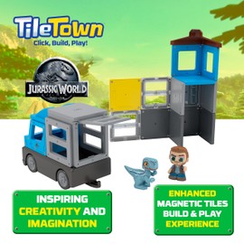 Tile Town Jurassic World Dino Escape Magnetic Tiles Set, 22 Piece Interactive Dinosaur STEM Toys Playset, Magnetic Animal Tiles for Kids Ages 3-6