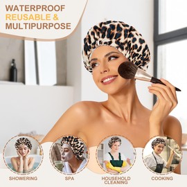 Reusable Shower Caps for Women Waterproof, Large Luxury Washable Elastic Band Bath Hair Bonnet, Double Layer Stylish Shower Hat for Long Hair, Braids, Curly(Leopard)
