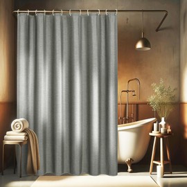 EurCross Linen Textured Grey Shower Curtain 180 x 200 cm for Bathroom, Heavy Waterproof Fabric Shower Curtains, Luxury Anti-Mould Washable Textile Bathroom Curtain with 12 Rings