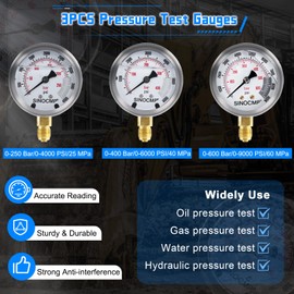 SINOCMP Hydraulic Pressure Gauges Test Kit 4000/6000/10000PSI, 9 Couplings 3 Test Hoses 59 inch, 1 Aluminum Box Diagnosis Tester Set for Excavator Construction Machinery