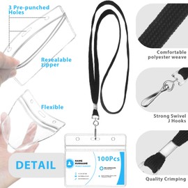 100 Sets Clear Lanyard with ID Holder Flat ID Lanyard with Retractable Badge Plastic ID Card Holder with Lanyard with Metal Swivel J Hook Clip Waterproof Lanyard with Badge Holder (Cross Style)