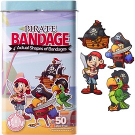 BioSwiss Bandages, Pirate Shaped Self Adhesive Bandage, Latex Free Sterile Wound Care, Fun First Aid Kit Supplies for Kids and Adults, 50 Count