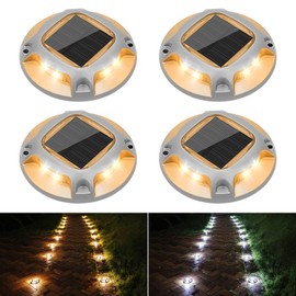 VOLISUN Solar Driveway Lights Dock Marine Lights 4 Pack,2 Colors in 1,Outdoor LED Deck Lights,Solar Powered Waterproof Warning Step Lights for Driveway Sidewalk Pathway (White/Warm White)