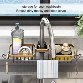 Faucet Storage Rack, Adjustables Sink Storage Rack Holder Aluminum Sponge and Dish Cloth Holder for Kitchen Sink Sponge Holder(Gold)