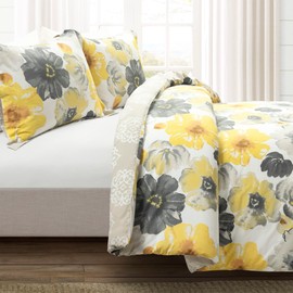 Lush Decor Leah Reversible 100% Cotton Duvet Cover Set, 3 Piece Set, Full/ Queen, Yellow & Gray - Charming Floral Bedding Set - Large Blooming Watercolor Flowers