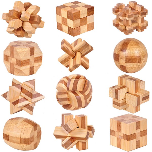 Joyeee 12Pcs Wooden Brain Teaser Puzzle for Adults Kids, 3D Wood Cube Jigsaw Interlocking Removing Assembling Lock IQ Challenge Puzzles, Intellectual Educational Toy Disentanglement Game
