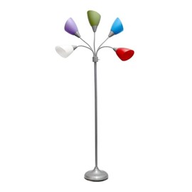 Simple Designs 67in. Contemporary Multi Head Medusa 5 Light Adjustable Gooseneck Silver Floor Lamp with Primary Multicolored Shades for Kids Bedroom Playroom Living Room Office