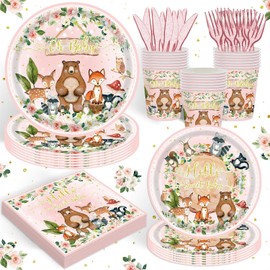 120 piezas de suministros para fiesta de bosques para niñas, baby shower, decoración de animales salvajes rosados, platos, servilletas, tenedores, cuchillos, vajilla desechable para 20 invitados