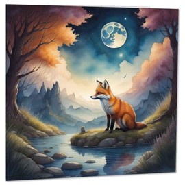 Moon Fox Greeting Card Beautiful Watercolour Fox Birthday Card 145 x 145mm
