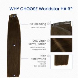 Worldstar seamless clip in hair extensions human hair Natural Straight 22Inch 6Pcs 130g #4 Medium Dark Brown,Suitable for Women Real Soft Human Invisible Clip Hair(EN#4-22)