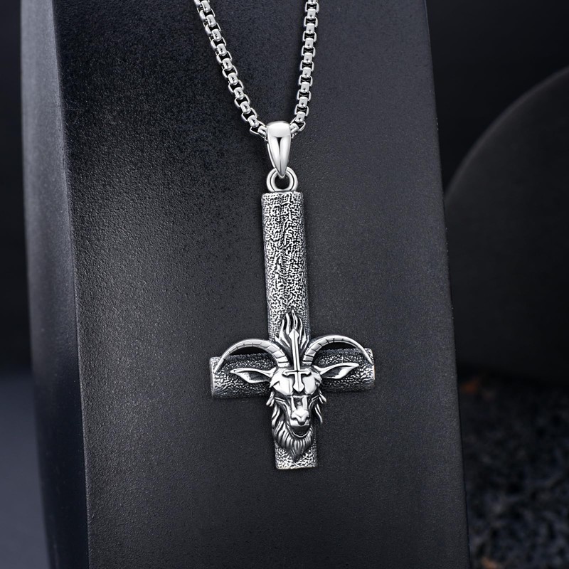 ROMANTICWORK Satanic Necklace 925 Sterling Silver Baphomet Goat Head Upside