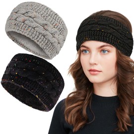 2 Pack Womens Winter Headbands, Fashion Fuzzy Fleece Lined Ear Warmer With Colored Dots, Thick Warm Crochet Hair Band, Cold Weather Warm Ear Muffs Soft Cable Knit Head Wrap, Gifts for Female