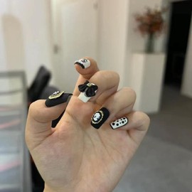 CEBOIC Stick-on nails, handmade gel nails, short press on nails, white and black artificial nails with vintage frame, decoration for girls and women, everyday and party use