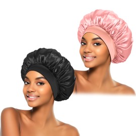 ZHENSILK 2Pcs Silk Bonnet for Sleeping, Satin Hair Bonnets, Soft Elastic Band Silk Sleep Cap, Hair Wrap for Women(Black Pink)