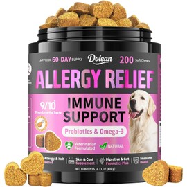 Dog Allergy Chews, Dog Allergy Relief for Itching Skin, Paw Licking, Yeast Relief, Hot Spots, Itchy Ears & Seasonal Allergies, Immune Support– with Colostrum, Probiotics – Chicken Flavor (200ct)