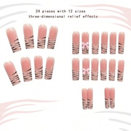 caeea Uñas Postizas Rectangulares Francesas, Brillantes Y Adhesivas, Con Flores De Lujo Y Diamantes De Imitación, Cuadradas Y Redondas, Con Lazo, Diseño De Banda Acrílica (24 Unidades)