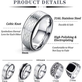 JeweBella Set of 7 Men's Stainless Steel Rings Silver Matt Polished Celtic Knot Vintage Rings Black Signet Ring Men's Engraving Gothic Biker Rings Set for Men, Stainless Steel, No Gemstone