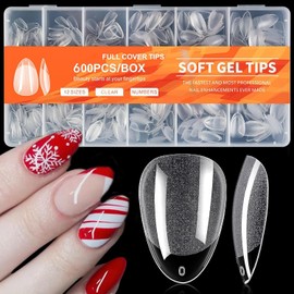 Almond Fake Nail Tips -600Pcs Medium Soft Gel Nail Tips Almond Shape Pre Etched Half Matte Full Cover Clear Acrylic Gel Kit False Press on for Extension Manicure Salon DIY at Home 12 Sizes. (04, Pack of 600)