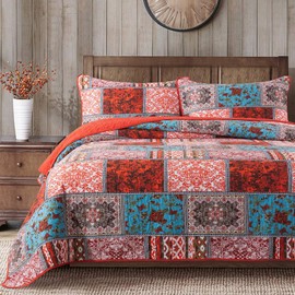 NEWLAKE Cotton Bedspread Quilt Sets-Reversible Patchwork Coverlet Set, Mediterranean Classic Bohemian Pattern,King Size