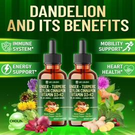 11in1 Ginger Root Supplement with Turmeric, Ceylon Cinnamon, Black Pepper, Cayenne Pepper, Berberine, Vitamin D3, and Vitamin K2 - Support Immune, Energy - 1 FL Oz - 2 Month Supply