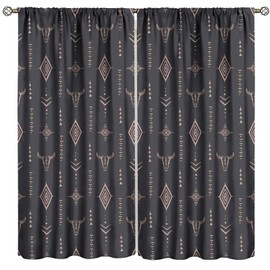 PHTAYOT Western Curtains, Native Aztec Tribal Bull Skull Southwestern Bohemian Print for Kids Boys Room Window Decor, Rod Pocket Drapes for Living Room Bedroom Kitchen 2 Panel Set 20.5" W X 45" L