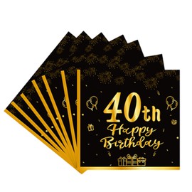 COSORO 20pcs Black & Gold Napkins - 40th Birthday Serviettes for Men & Women, Table Decorations