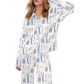SHESHOW Funny Graphic Pajamas for Women Two Piece Long Sleeve Pjs Champagne Bottle Pajamas Set L