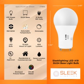 SLEEKLIGHTING | 9w, 60W Eq, GU24 Base LED 2 prong light bulbs, UL approved, 120v, Mini Twist Lock, 5CCT (2700K-5000K) Dimmable - Replaces Spiral Self Ballasted CFL Two Pin Fluorescent Bulbs (4PK)