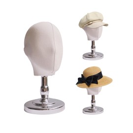 TINGSING Mannequin Head Wig Head Stand, Hat Display Stand Wig Holder, Realistic Face Model Head Hat Rack,Coarse Twill Fabric Manikin Head Wig Stand with Detachable Base for Styling and Display, Sliver