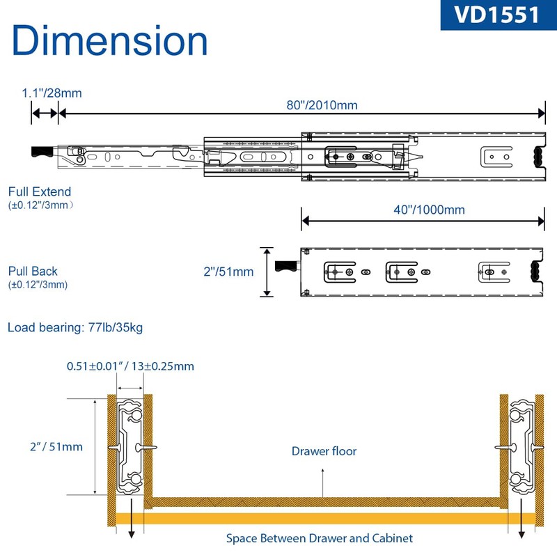 VADANIA 40" Heavy Duty Drawer Slide with Lock #VD1551, 150lb