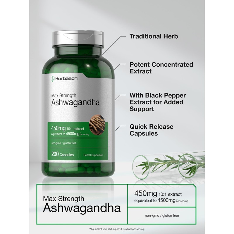 Horbäach Ashwagandha Supplement | Max Strength | 200 Capsules |