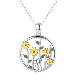 Midir&Etain Sunflower Cat Necklace 925 Sterling Silver Animal Pendant Necklace You Are My Sunshine Sunflower Necklace Cat Jewellery Gifts for Women Girls