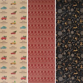 Aimyoo Kraft Christmas Wrapping Paper Set, Vintage Red Black Xmas Gift Wrap Paper Rolls, Deers Snowflakes Merry Christmas Tree Truck Design, 17 in x 10 ft per Roll