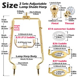 Asjeumt 8 9 10 11 inch Gold Lamp Shade Harp Holder, 2 Set Adjustable Height Harp Kit with Crystal & Metal Finial, DIY Replacement Repair Lampshade Bracket E14 E26 E27 Adapter Base Table Floor Light
