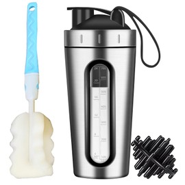 Protein Shaker Bottle, Silver 26oz Shaker Bottles for Protein Mixes and Pre Workout, Visible Window Stainless Steel Protein Shaker Cup with Shaker Ball, Reusable Gym Drink Shaker Cup