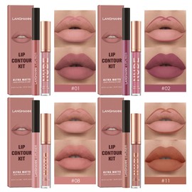 LANGMANNI 4pcs Matte Lipstick with Lipliners Durable Makeup Set,Long-Lasting Non-Stick Cup Not Fade Waterproof Pigmented Velvet Lipgloss Kit Beauty Cosmetics Makeup Gift for Girls(#12811)