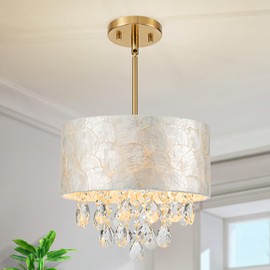 LumFurn 3-Lights Drum Capiz Shell Crystal Chandelier, Coastal Style Pendant Light Fixture for Dining Room, Living Room, D12 x H19~49"(Adjustable), Shell Lampshade & Gold Finish