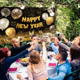 Happy New Year Banner 2025 New Years Eve Party Decorations New Year Photo Backdrop Props Black Gold 2025 Banner Photo Booth Sign New Year Background Supplies 180 * 110cm