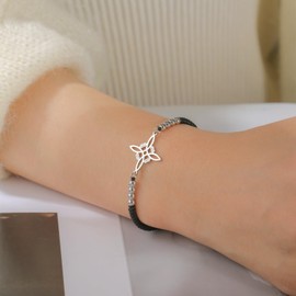 TEAMER Witches Knot Bracelet Stainless Steel Beads Charm Wax Rope Bracelet Celtic Knot Wiccan Symbol Adjustable Bracelet for Women (Witches Knot - S Black)