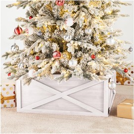 Glitzhome Washed White Wooden Tree Collar Tree Stand Cover Christmas Tree Skirt Tree Box, 22" L