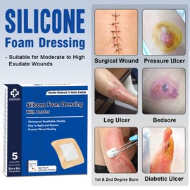 Ceeport Silicone Foam Dressing with Adhesive Gentle Border 6" x 6" 5 Pack, Waterproof Wound Dressing, High Absorbency Bed Sore Wound Bandages, Square Breathable Foam Dressing for Wound Care