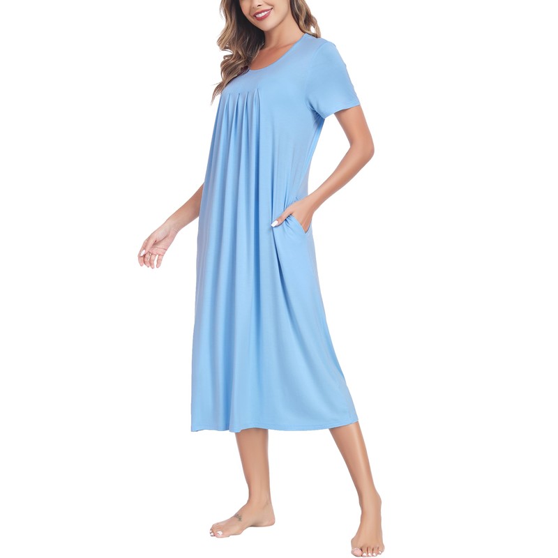 Vlazom Women's Long Nightgown Pleated Casual Nightdress Short Sleeve Soft
