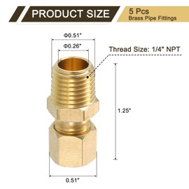 sourcing map 10Pcs Brass Pipe Fitting, 1/4" OD x 1/4" NPT Male Brass Compression Tube Fitting, Brass Compression Union Connector, Brass Straight Coupling Adapter Fitting Fit 1/4" Pipe