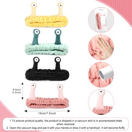 HIKIMA 4Pcs Face Wash Headband, Facial Makeup Head Wraps Cartoon Elastic Head Band Cute Snail Shower Headband for Beauty Skincare Sports