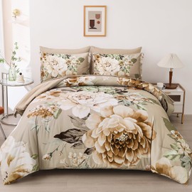 Dintszyayue Floral Bed in a Bag 7 Pieces Taupe Comforter Set Queen, Khaki Flower Green Leaves Bedding Sets Soft Bed Comforter Set for All Season with Flat Sheet, Fitted Sheets, Pillowcases & Shams