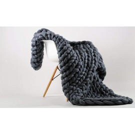 Chunky Knit Throw Bulky Merino Sofa Blanket Hand-Made Super Large Chair Mat Rug(Dark Gray 40"x40")