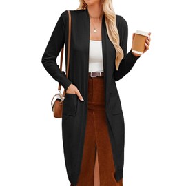 Women's 2024 Trendy Long Cardigan Sweaters Open Front Long Sleeve Maxi Duster Coats with Pockets(Black,M)