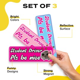 HEY-OKEY 3-Pack Student Driver Magnet for Car - Girly Pink Funny Meme Sad Hamster Please Be Patient Reflective Magnetic Rookie Bumper Sticker Set - New Attention Signs for Girls - Weather-Resistant
