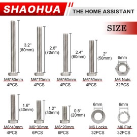 SHAOHUA 128pcs M6 Bolt, M6 Hex Bolts and Nuts Kit, 304 Stainless Stee Heavy Duty Nuts and Bolts Assortment Kit with 7 Lengths 20mm to 80mm, Hex Head Screws Bolts and Nuts Kit with Case