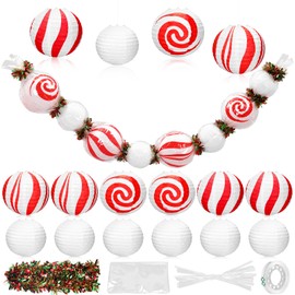 Tuanse 12 Pcs Candy Christmas Decorations Paper Lanterns DIY Ornaments Set with 8 Inch Paper Lanterns 6.6 ft Christmas Garland and Tools for Holiday Xmas Indoor Outdoor Decor(Candy and White)